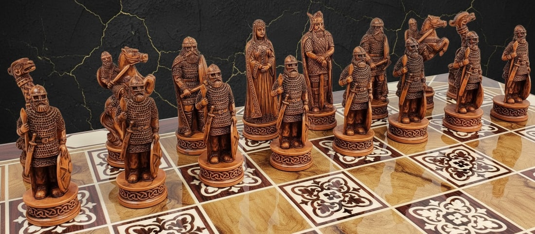 Hand-Carved Norse Viking Themed Chess Pieces 3.25" King Set No Board - 5