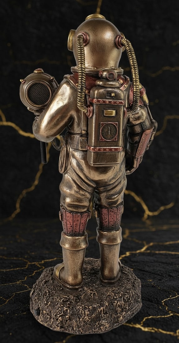 Vintage Industrial Deep Sea Diver Helmet Statue LED Bronze Effect Figurine - 3