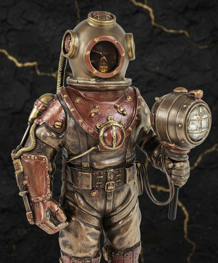 Vintage Industrial Deep Sea Diver Helmet Statue LED Bronze Effect Figurine - 4