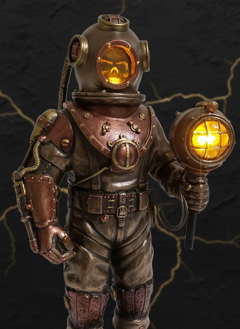 Vintage Industrial Deep Sea Diver Helmet Statue LED Bronze Effect Figurine - 8