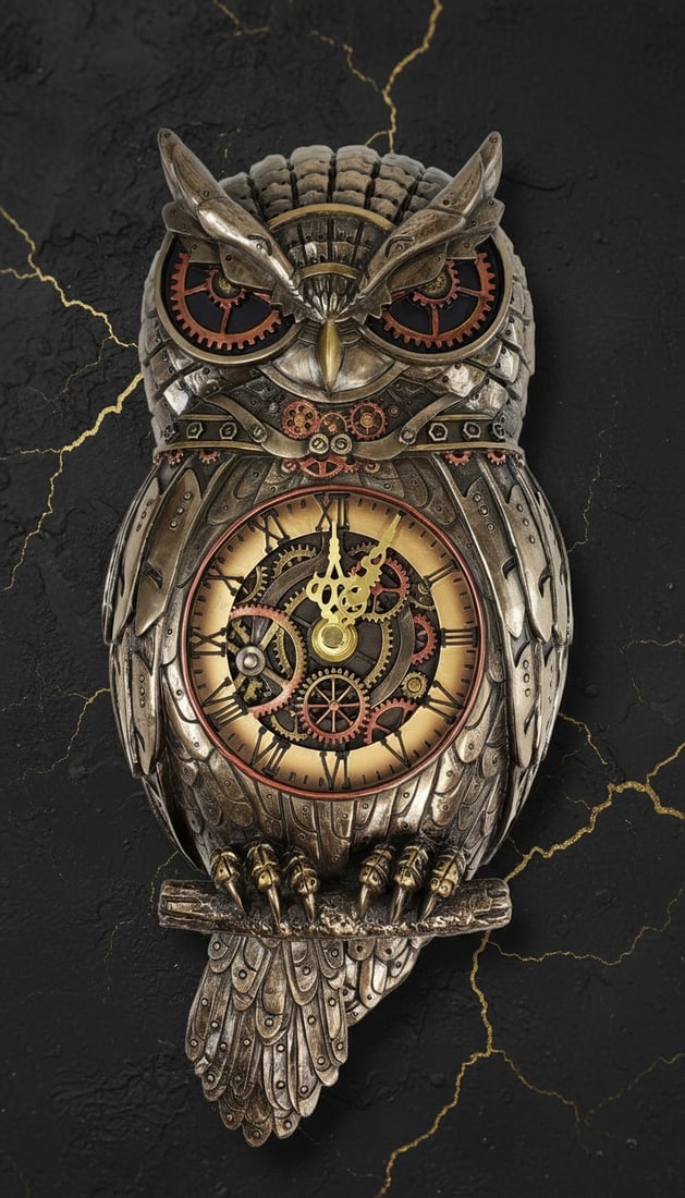 Industrial Mechanical Owl Pendulum Wall Clock 12.5" Steampunk Decor Figure - 2