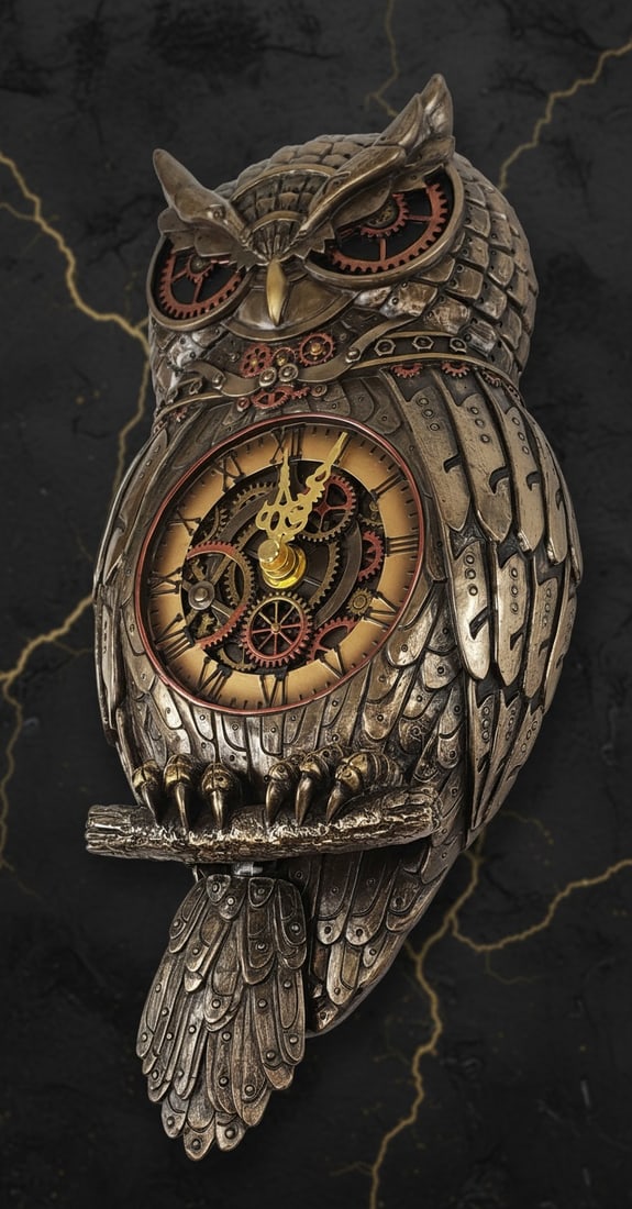 Industrial Mechanical Owl Pendulum Wall Clock 12.5" Steampunk Decor Figure - 3