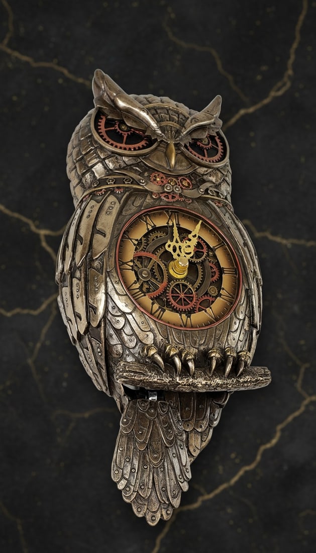 Industrial Mechanical Owl Pendulum Wall Clock 12.5" Steampunk Decor Figure - 5