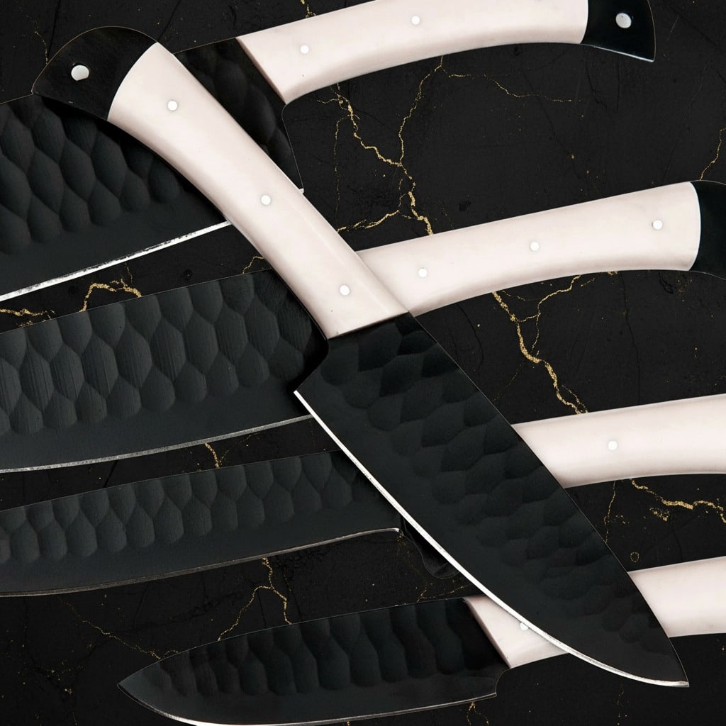 5pc Handmade D2 Steel Chef Knife Set Hammered Finish W/ Leather Roll Case - 2