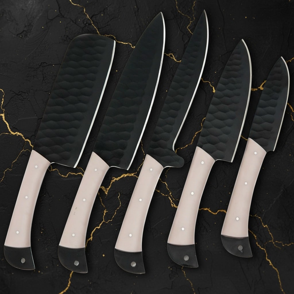5pc Handmade D2 Steel Chef Knife Set Hammered Finish W/ Leather Roll Case - 3