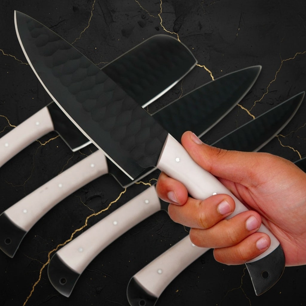5pc Handmade D2 Steel Chef Knife Set Hammered Finish W/ Leather Roll Case - 4