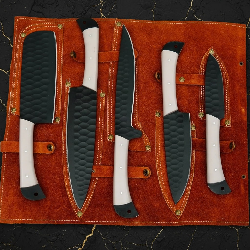 5pc Handmade D2 Steel Chef Knife Set Hammered Finish W/ Leather Roll Case - 5