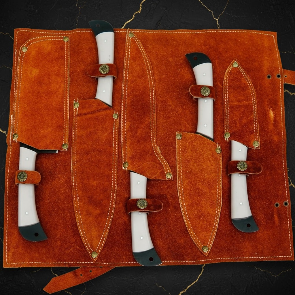 5pc Handmade D2 Steel Chef Knife Set Hammered Finish W/ Leather Roll Case - 6