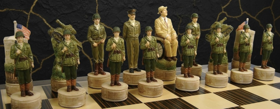 14" Wooden Chess Set WWII USA vs Germany Theme Ebony and Maple Board - 6
