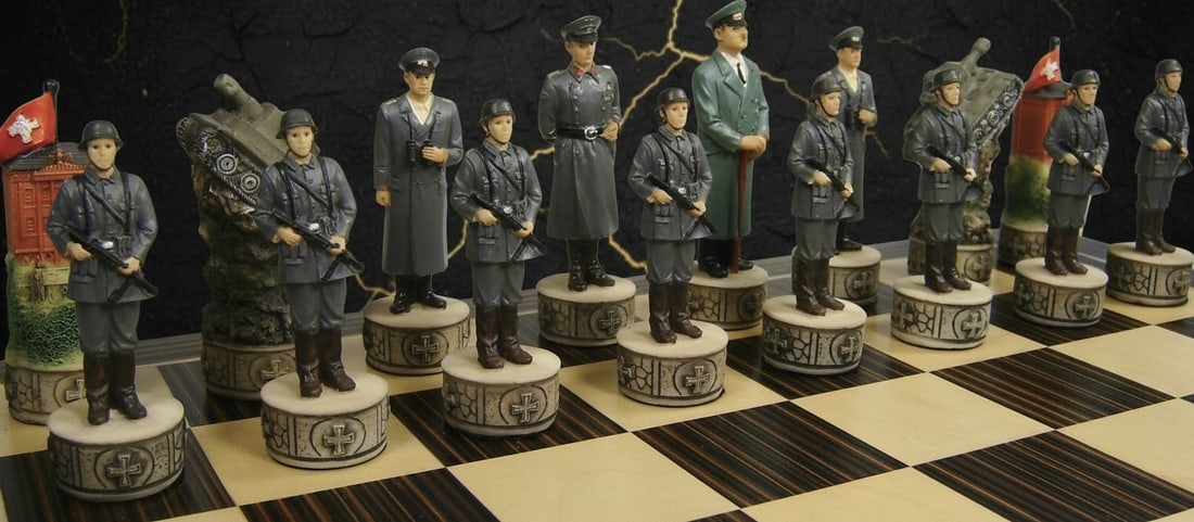 14" Wooden Chess Set WWII USA vs Germany Theme Ebony and Maple Board - 7