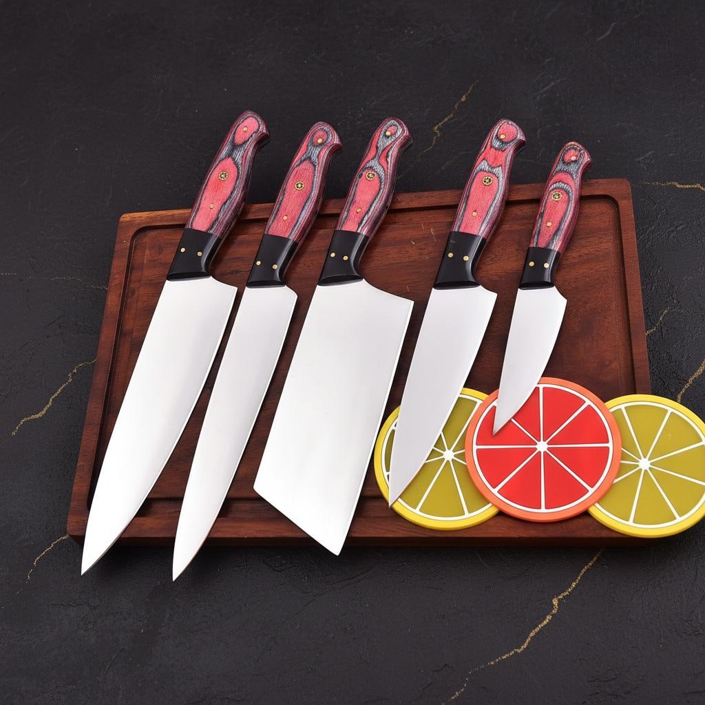 Hand Crafted 5pc J2 Steel Chef Knife Set with Damascus Bolsters and Leather Roll: Title:Hand Crafted 5pc J2 Steel Chef Knife Set with Damascus Bolsters and Leather Roll Description:This listing is for a custom kitchen knife set, 100% hand crafted for professional performance. This