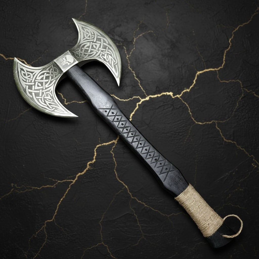 Hand-Forged Viking Battle Axe, Engraved Carbon Steel Blade, Rope Grip (1 of 5)