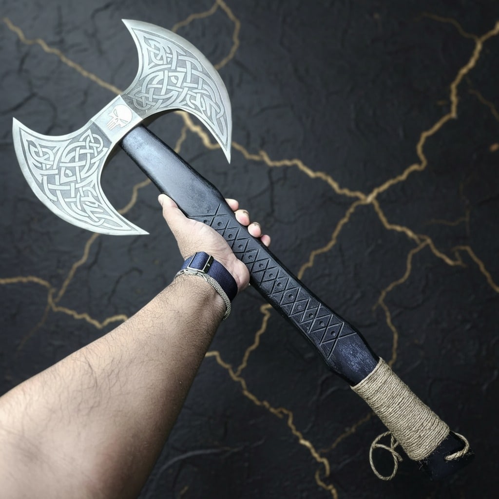 Hand-Forged Viking Battle Axe, Engraved Carbon Steel Blade, Rope Grip - 2