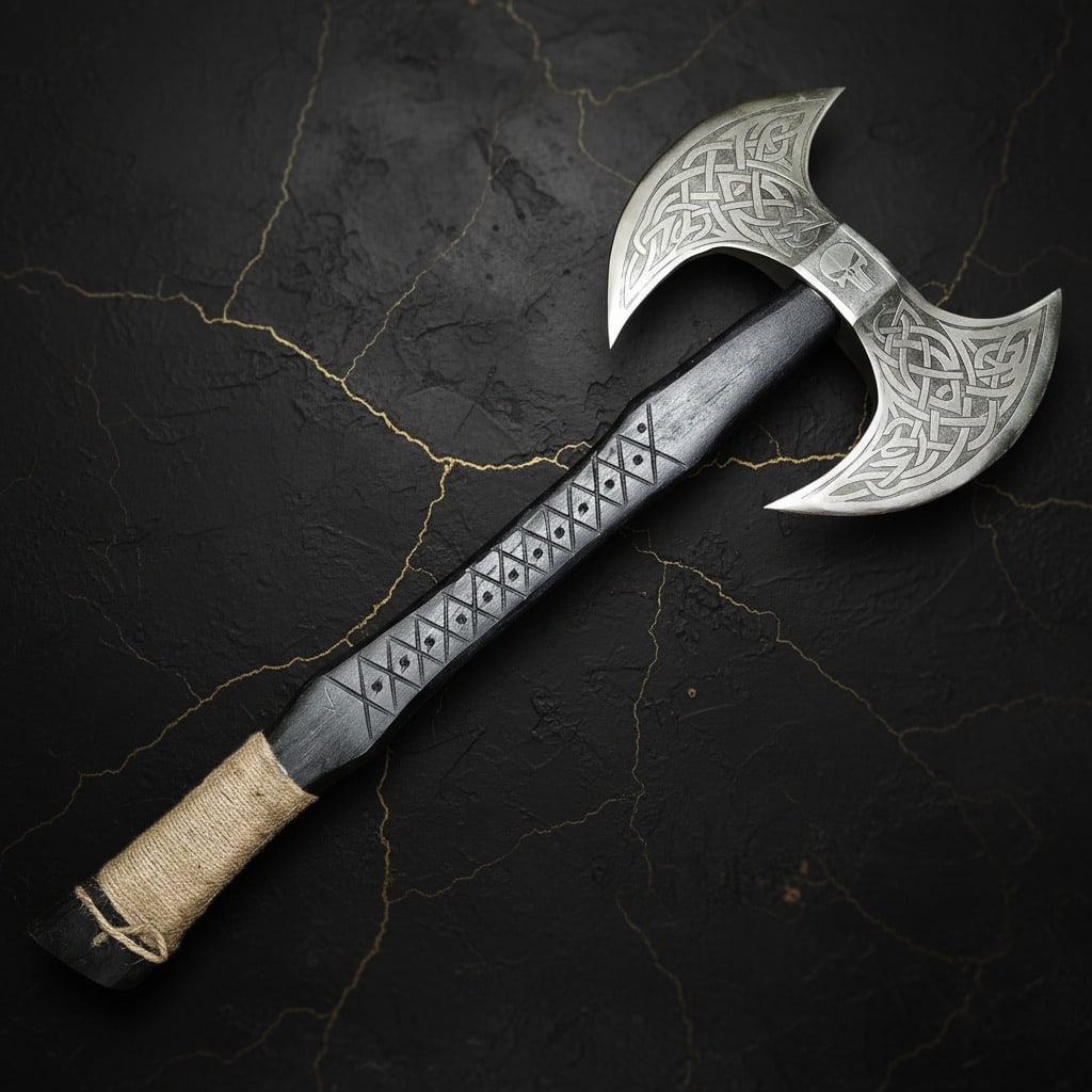 Hand-Forged Viking Battle Axe, Engraved Carbon Steel Blade, Rope Grip - 3