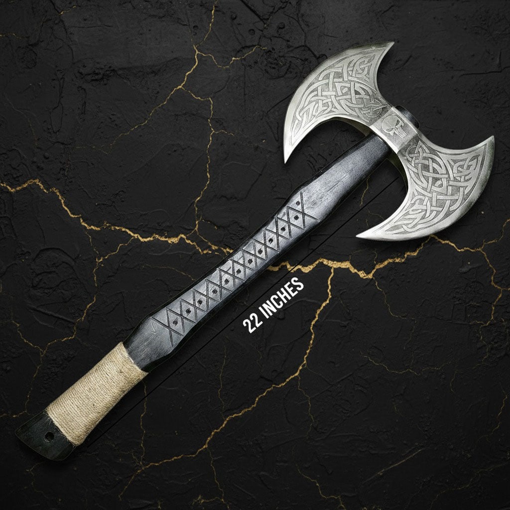 Hand-Forged Viking Battle Axe, Engraved Carbon Steel Blade, Rope Grip - 4
