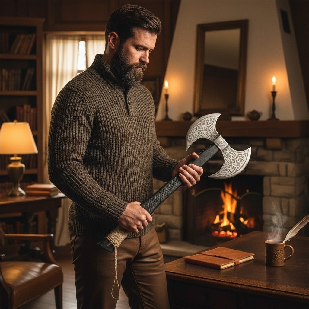 Hand-Forged Viking Battle Axe, Engraved Carbon Steel Blade, Rope Grip - 5