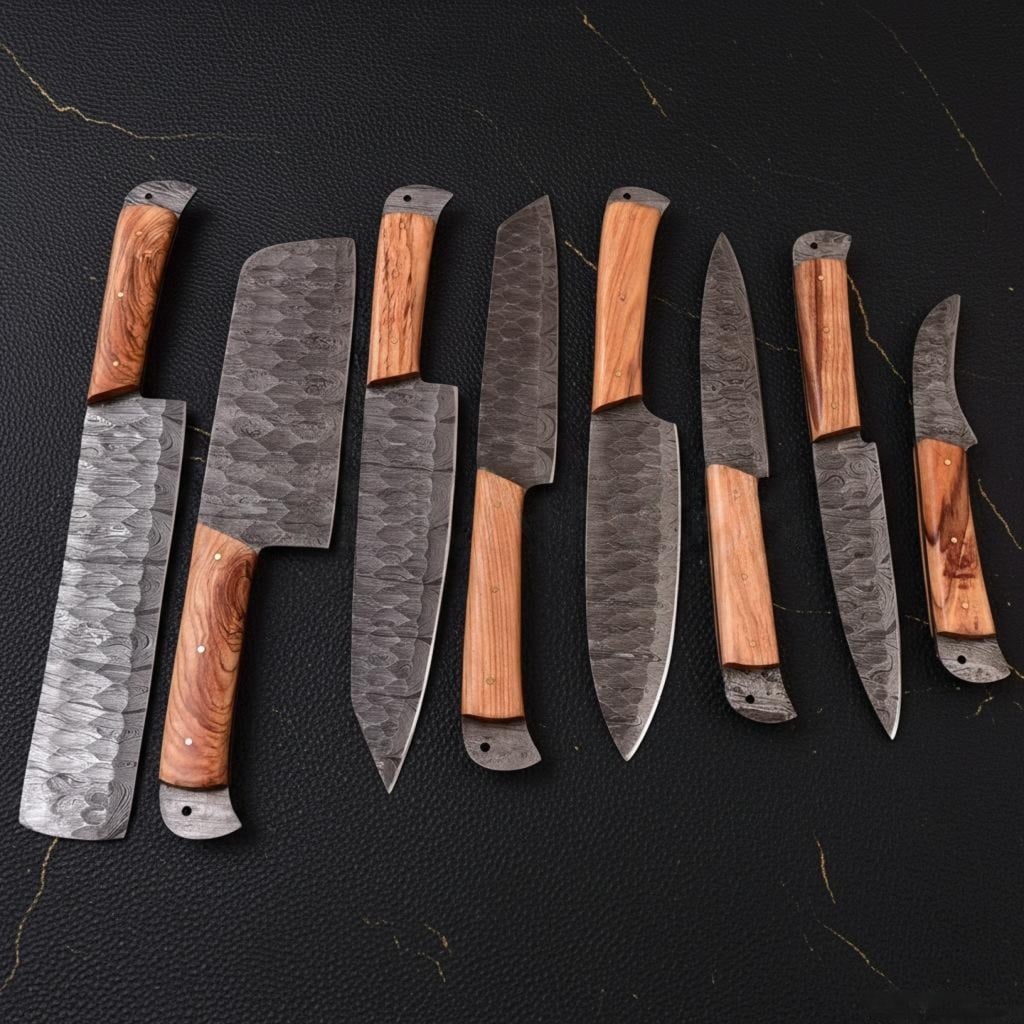 Hand Forged 8-Piece Chef Knife Set Damascus Steel with Olive Wood Handles: Title:Hand Forged 8-Piece Chef Knife Set Damascus Steel with Olive Wood Handles Description:This listing is for a custom handmade 8-piece kitchen knife set. Each blade is hand forged from 512 layers