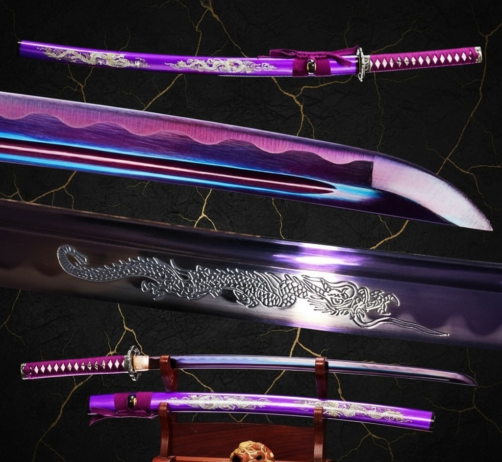 Hand-Forged 1095 Steel Sharp Katana Battle Ready Purple Dragon Samurai Sword: Title:Hand-Forged 1095 Steel Sharp Katana Battle Ready Purple Dragon Samurai Sword Description:This Japanese samurai katana is a fully handmade, battle-ready sword featuring a dragon-engraved 1095