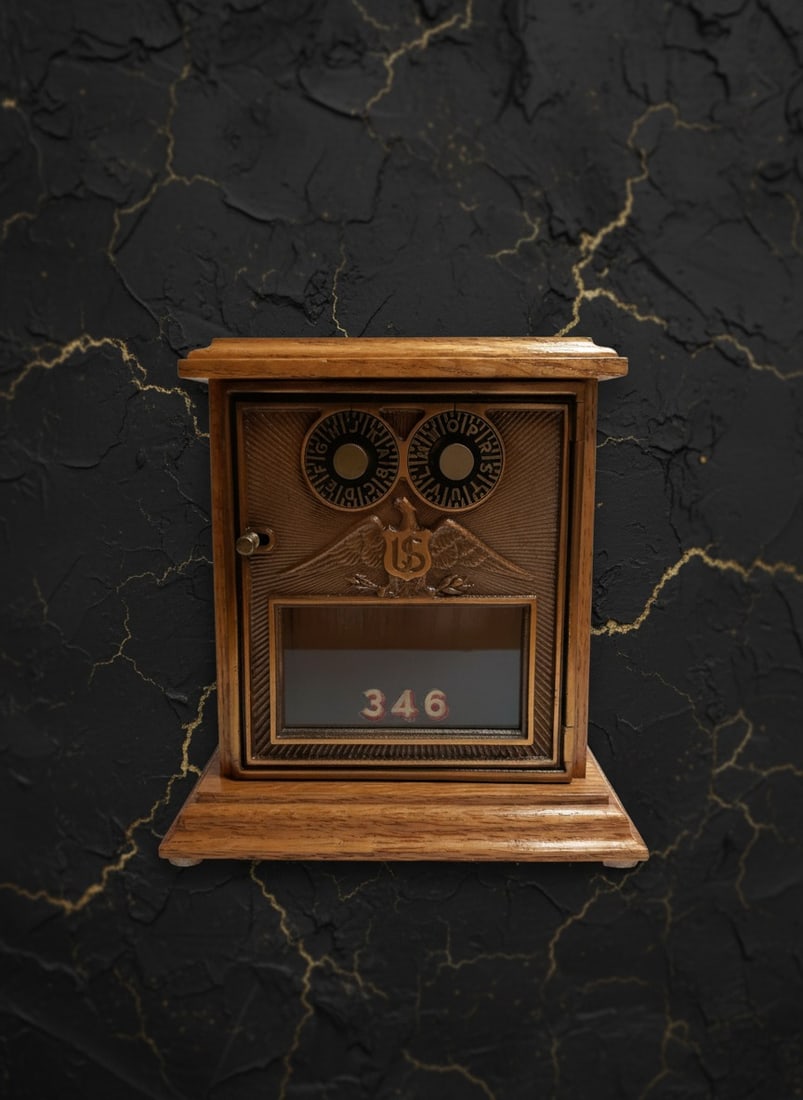 Antique American Oak PO Box Combination Bank Brass Copper Eagle Door VGC (1 of 10)