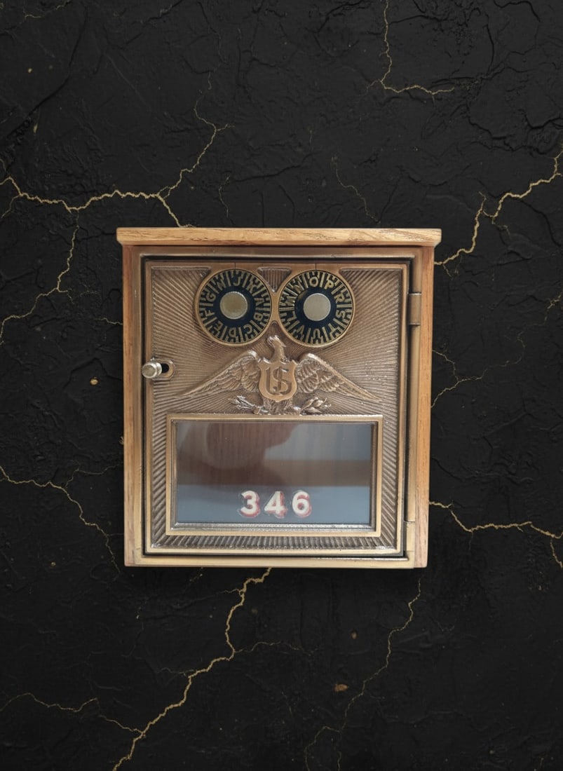 Antique American Oak PO Box Combination Bank Brass Copper Eagle Door VGC - 2