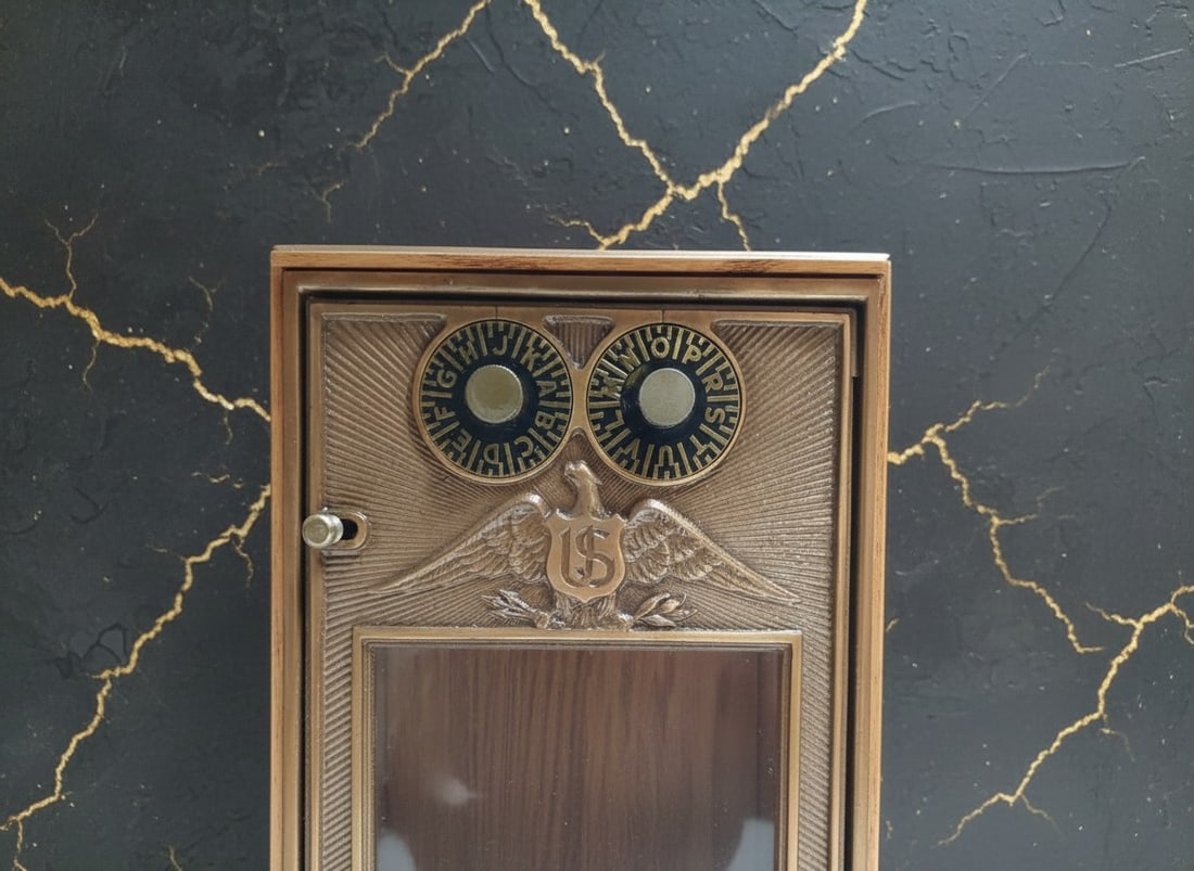 Antique American Oak PO Box Combination Bank Brass Copper Eagle Door VGC - 3