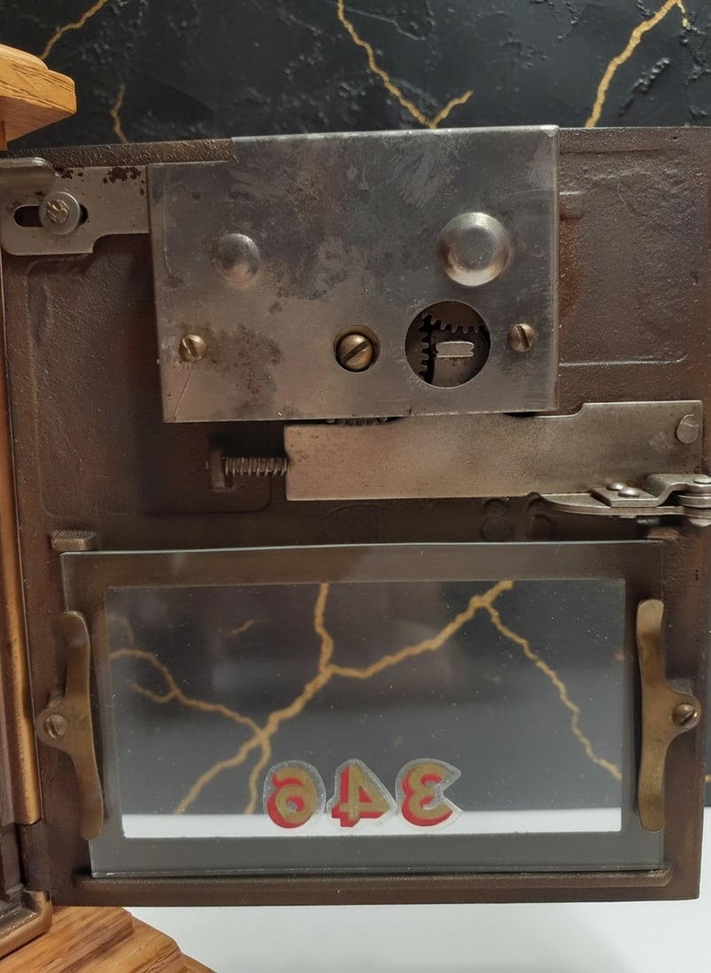 Antique American Oak PO Box Combination Bank Brass Copper Eagle Door VGC - 5