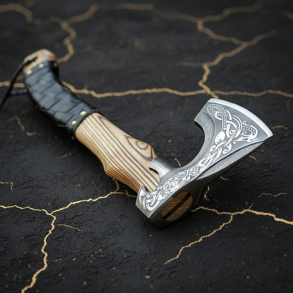 Norse Raven Bearded Hatchet Hand Forged Viking Battle Axe Leather Grip - 2