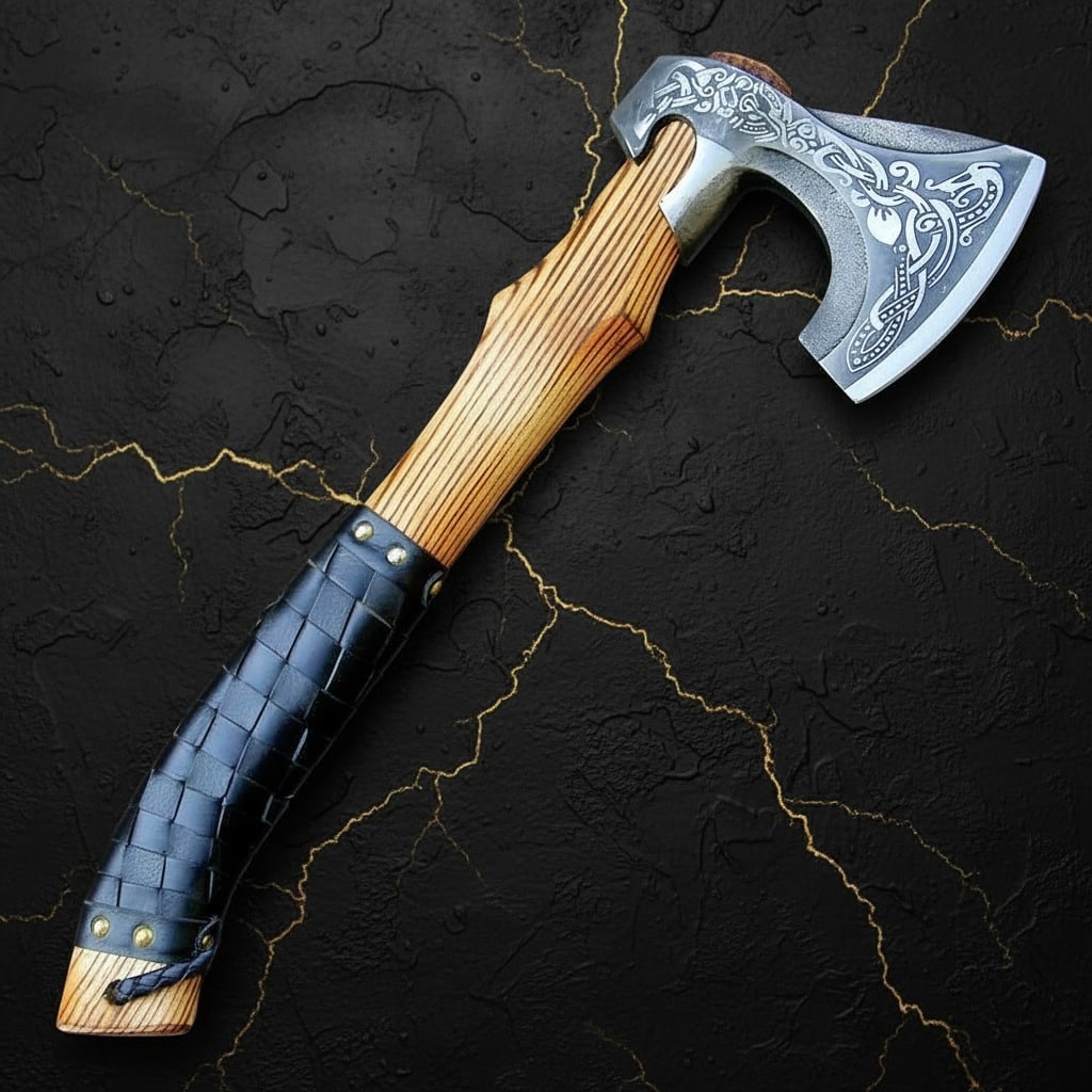 Norse Raven Bearded Hatchet Hand Forged Viking Battle Axe Leather Grip - 3