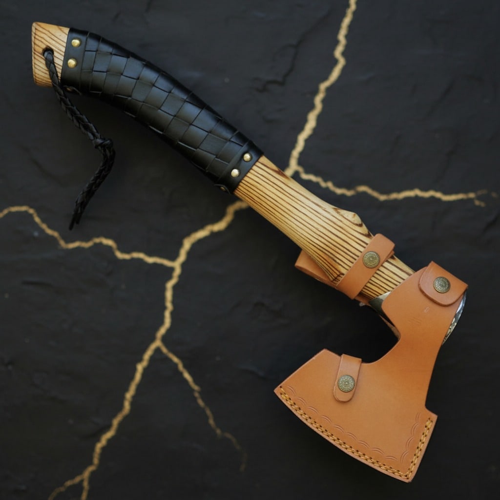 Norse Raven Bearded Hatchet Hand Forged Viking Battle Axe Leather Grip - 4