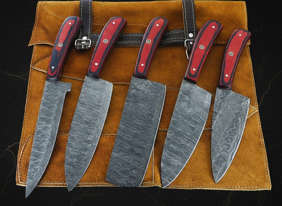 5 Piece Hand Forged Damascus Steel Chef Knife Set with Hardwood Handles and Sheaths - 2