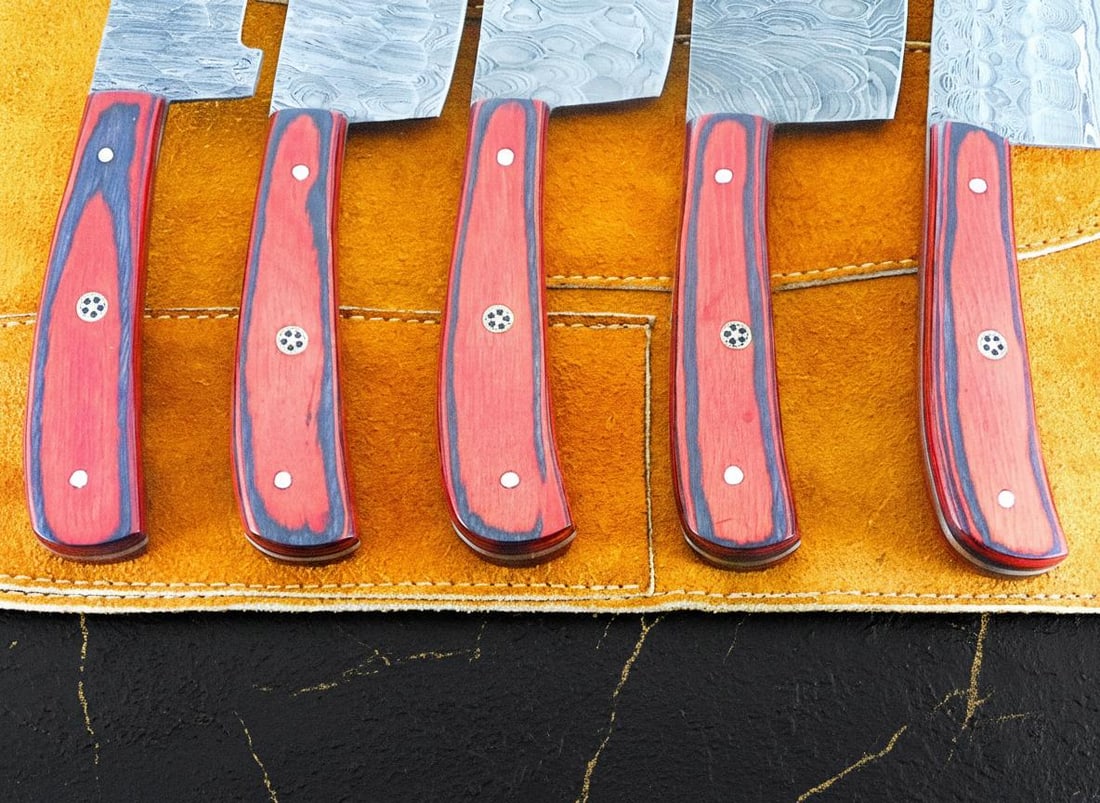 5 Piece Hand Forged Damascus Steel Chef Knife Set with Hardwood Handles and Sheaths - 3