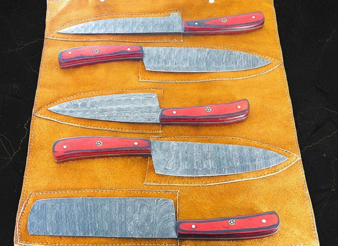 5 Piece Hand Forged Damascus Steel Chef Knife Set with Hardwood Handles and Sheaths - 6