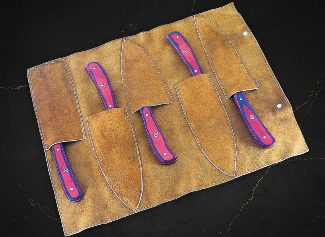 5 Piece Hand Forged Damascus Steel Chef Knife Set with Hardwood Handles and Sheaths - 8