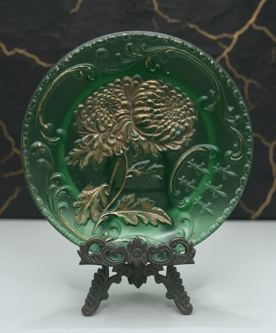 Vintage French Embossed Green Ceramic Plate Fleur De Lis Floral Decor (1 of 8)
