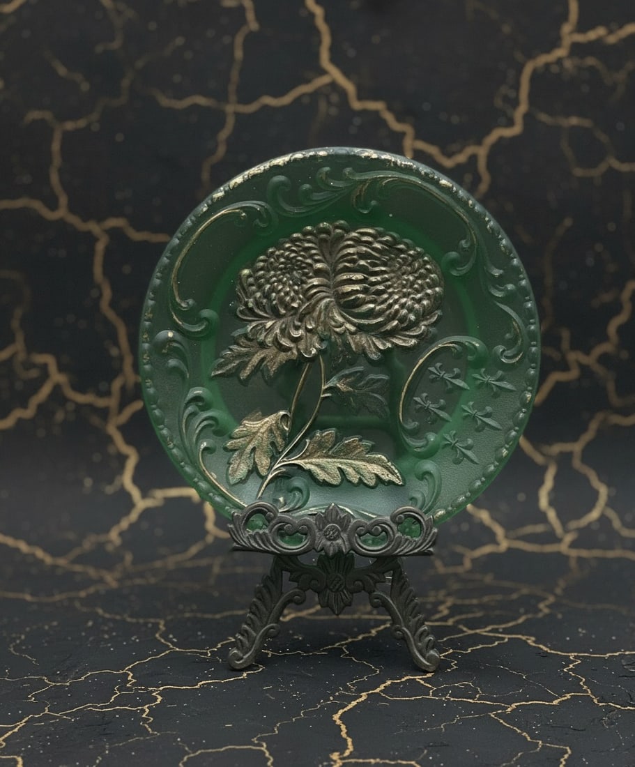 Vintage French Embossed Green Ceramic Plate Fleur De Lis Floral Decor - 2