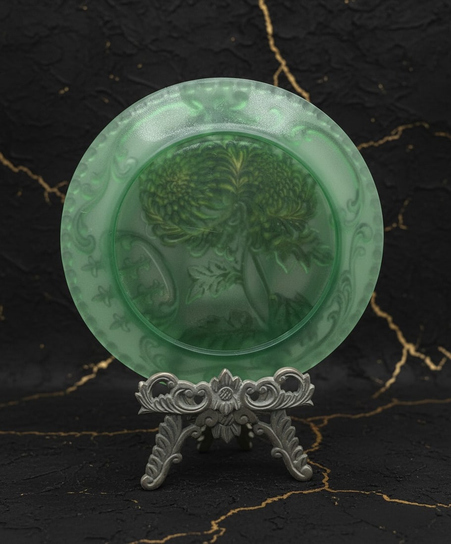 Vintage French Embossed Green Ceramic Plate Fleur De Lis Floral Decor - 3