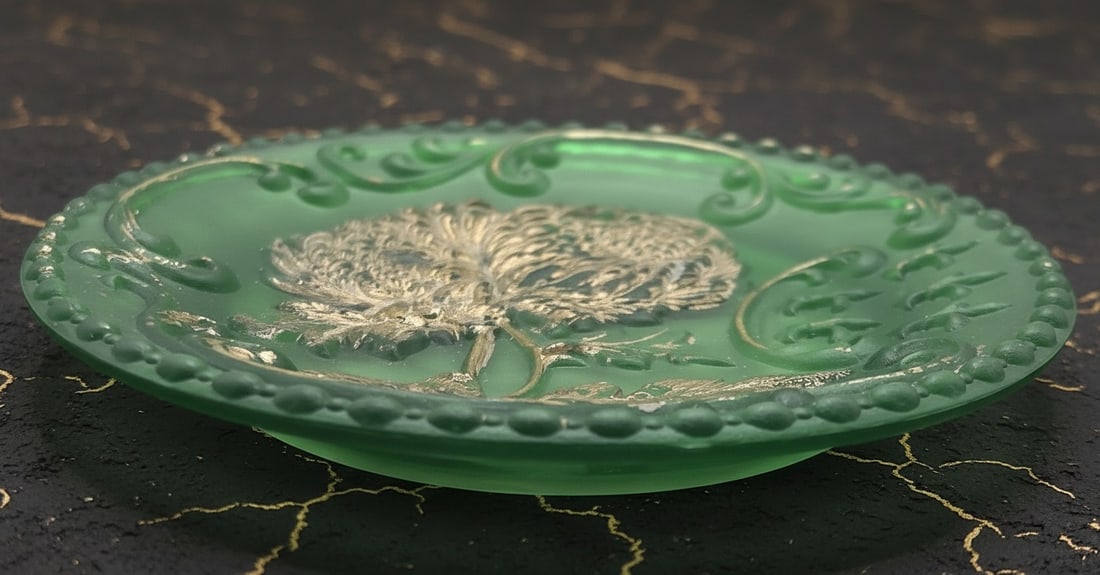 Vintage French Embossed Green Ceramic Plate Fleur De Lis Floral Decor - 4