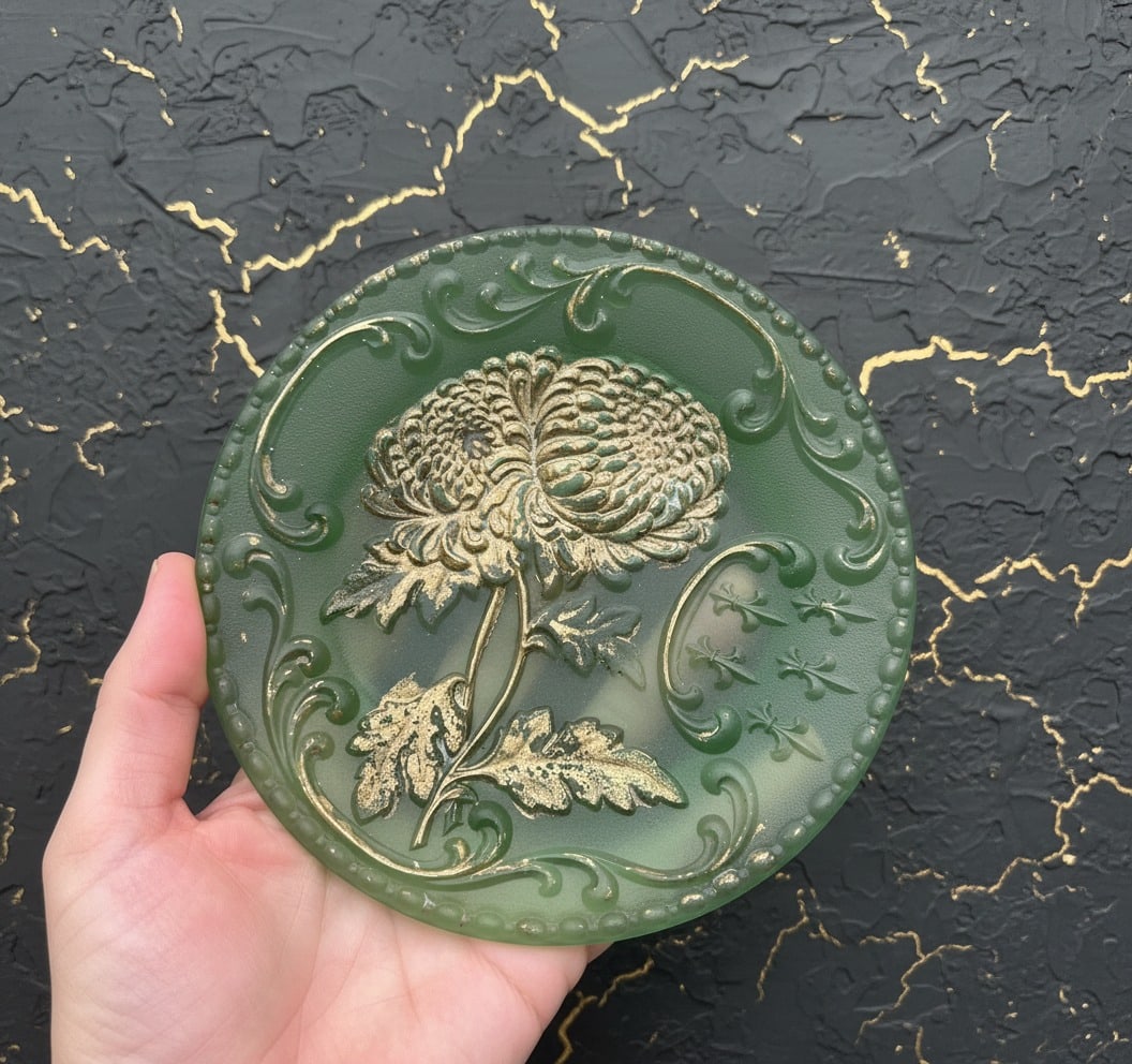 Vintage French Embossed Green Ceramic Plate Fleur De Lis Floral Decor - 5