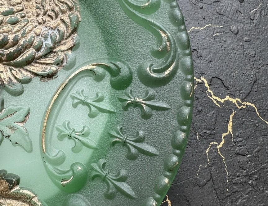 Vintage French Embossed Green Ceramic Plate Fleur De Lis Floral Decor - 6