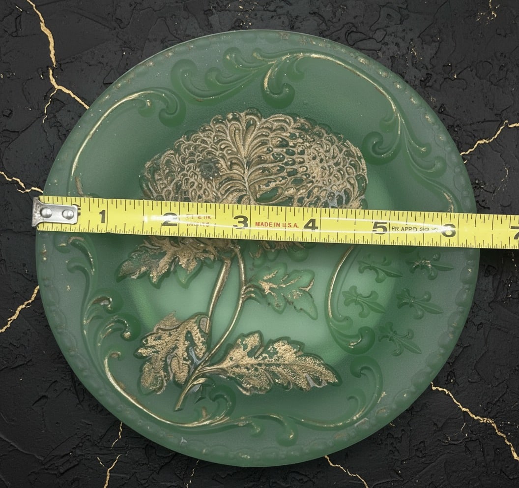 Vintage French Embossed Green Ceramic Plate Fleur De Lis Floral Decor - 7