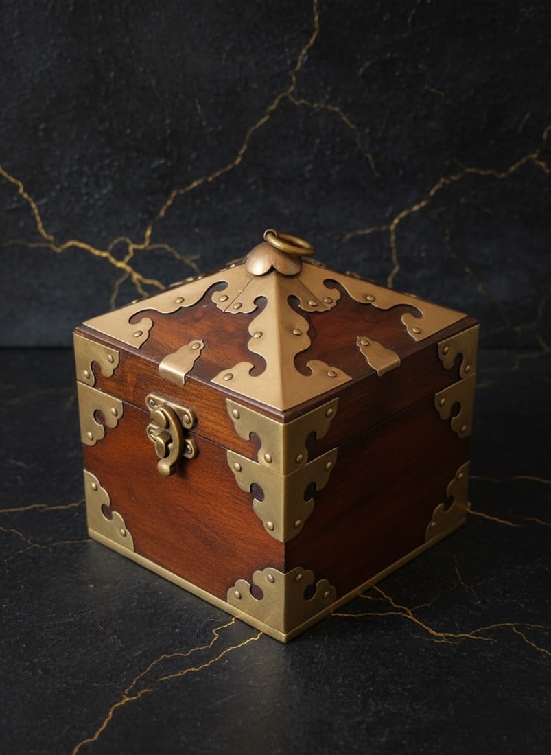 Vintage 1910 Korean Wood Keepsake Chest Brass Inlay Prayer Box - 2