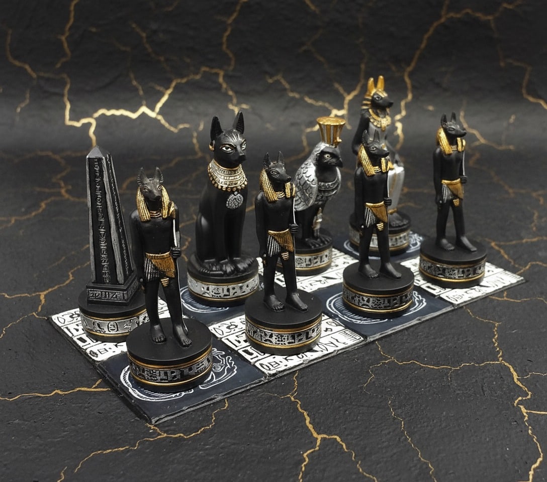 16" Ancient Egypt Themed Chess Board Set Black Silver Gold Hieroglyphics (1 of 6)