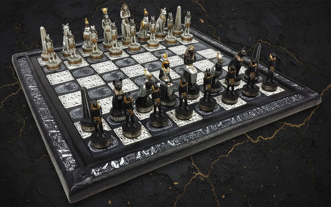 16" Ancient Egypt Themed Chess Board Set Black Silver Gold Hieroglyphics - 2
