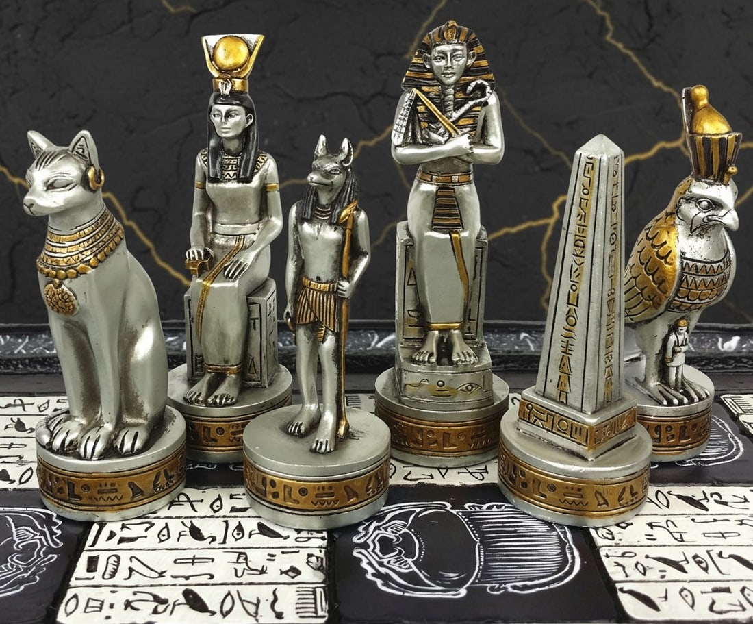 16" Ancient Egypt Themed Chess Board Set Black Silver Gold Hieroglyphics - 3