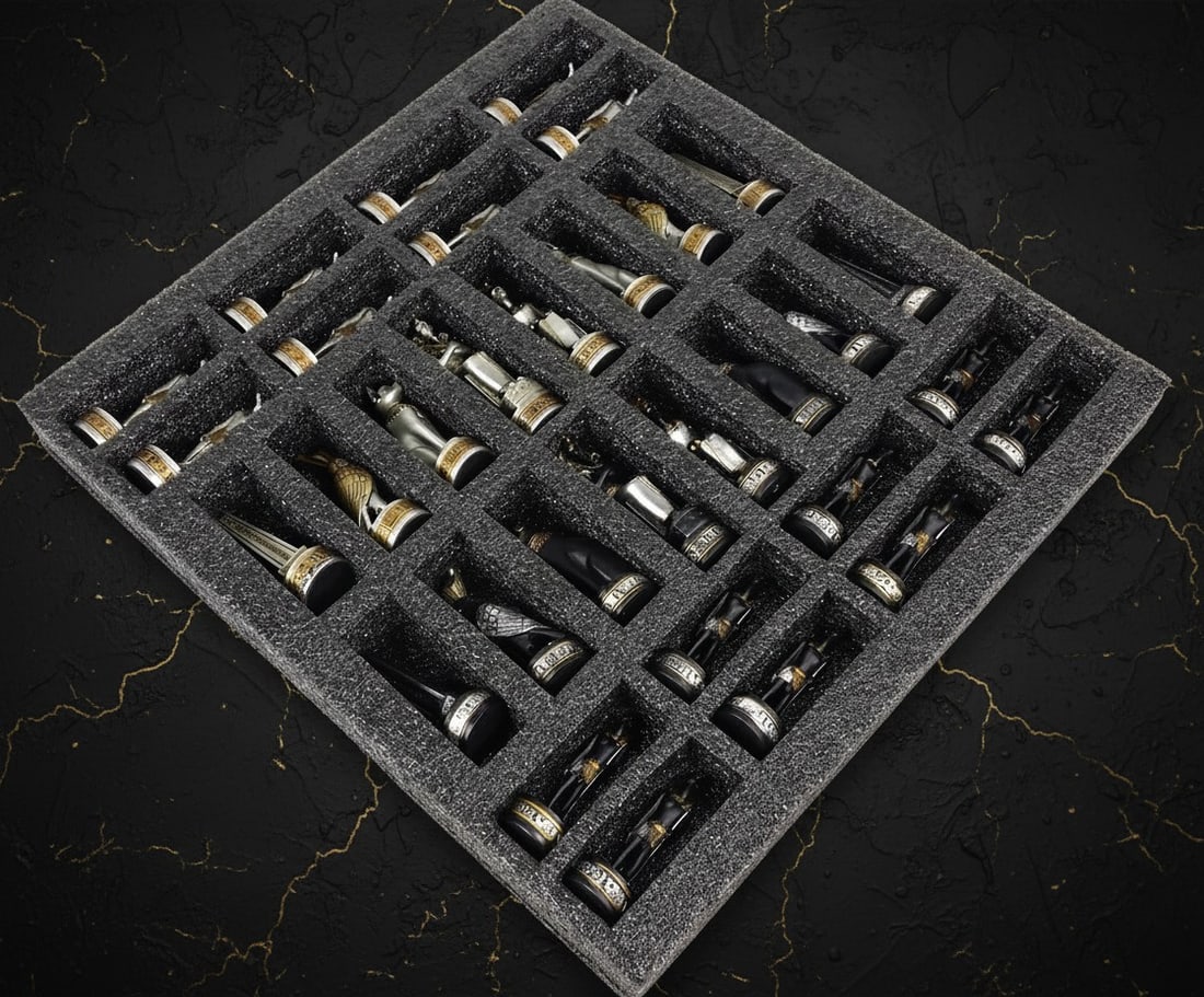 16" Ancient Egypt Themed Chess Board Set Black Silver Gold Hieroglyphics - 4