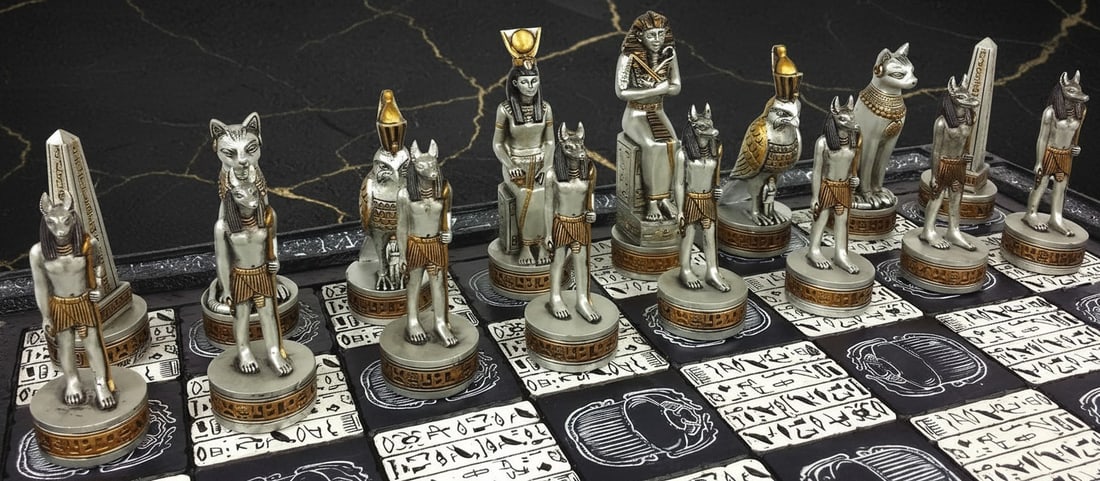 16" Ancient Egypt Themed Chess Board Set Black Silver Gold Hieroglyphics - 5