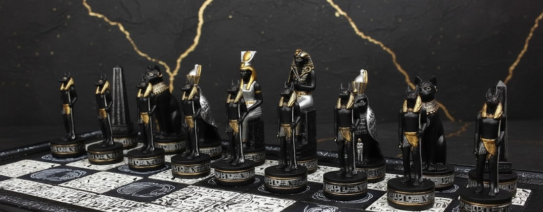 16" Ancient Egypt Themed Chess Board Set Black Silver Gold Hieroglyphics - 6