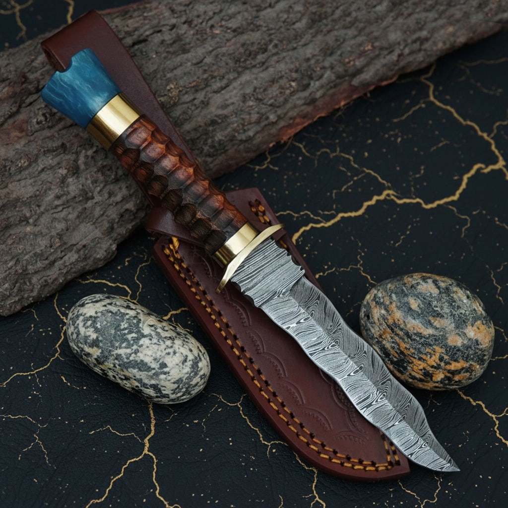 Hand-Forged Damascus Steel Hunting Knife with Leather Sheath Blade: Title:Hand-Forged Damascus Steel Hunting Knife with Leather Sheath Blade Description:This hand-forged hunting knife is a professional-grade tool and a collectible work of art. Crafted from Damascus st