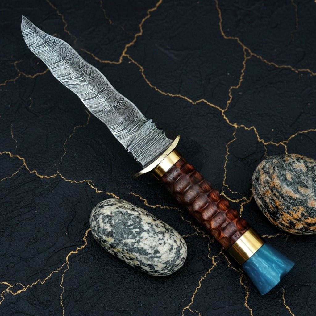 Hand-Forged Damascus Steel Hunting Knife with Leather Sheath Blade - 2