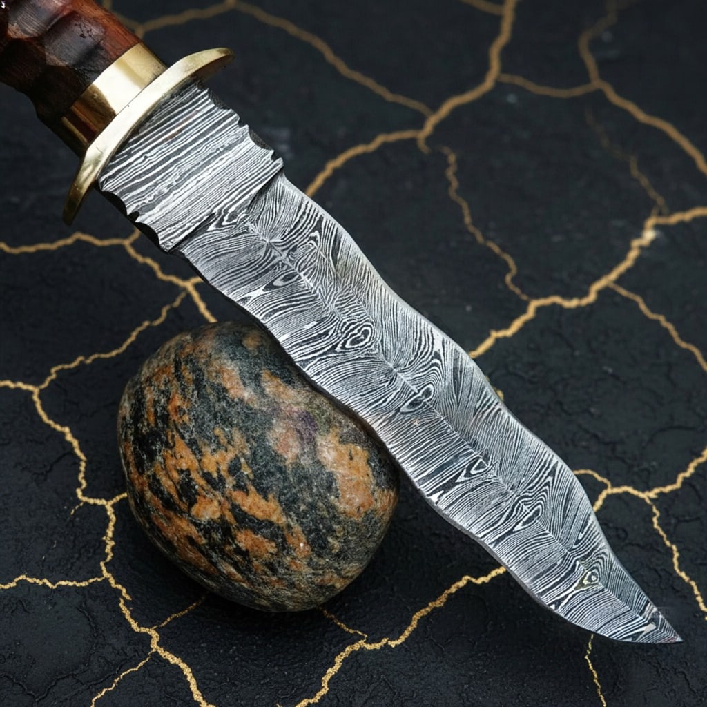 Hand-Forged Damascus Steel Hunting Knife with Leather Sheath Blade - 3